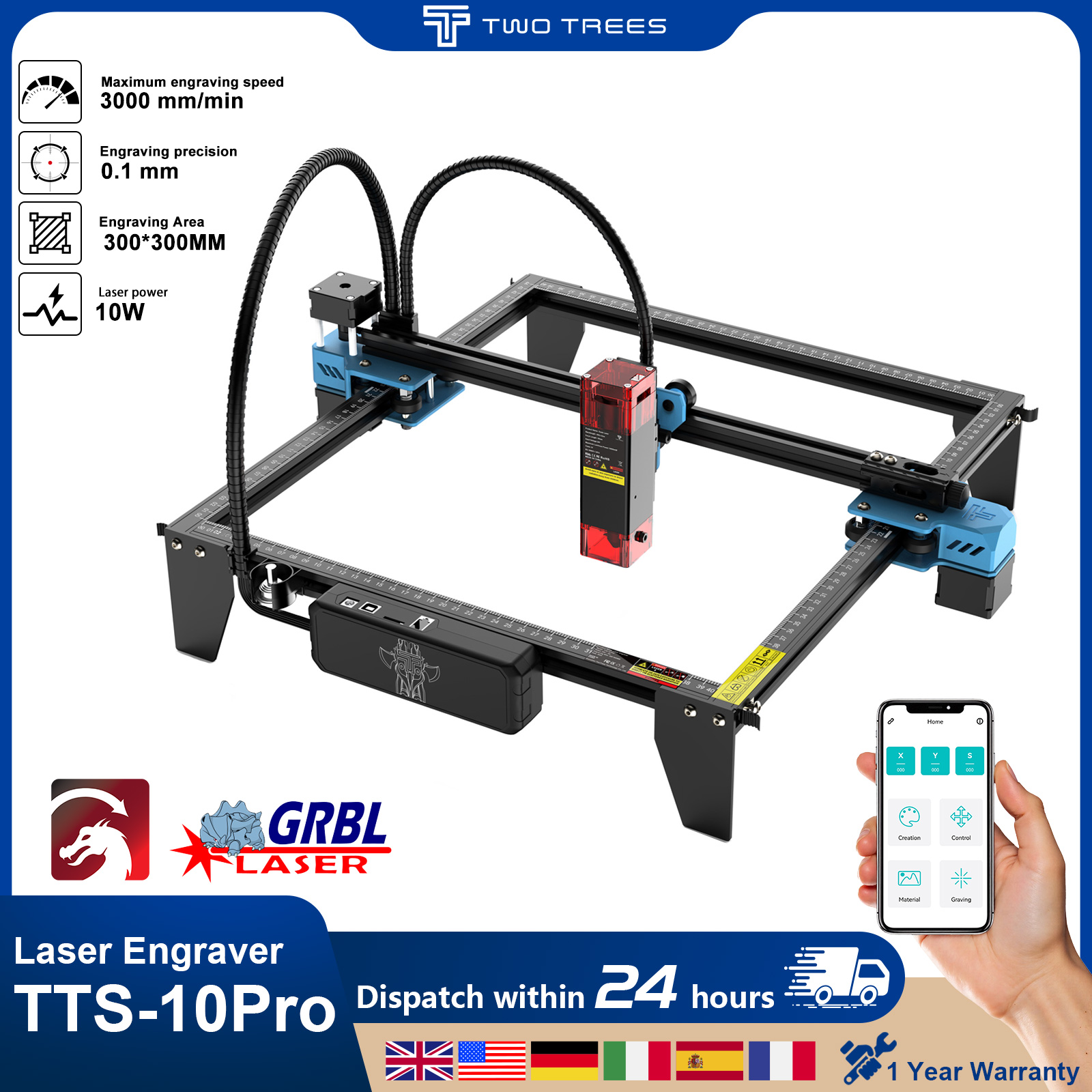 Industrial Laser Printing Machine - เครื่องแกะสลักเลเซอร์ Twotrees TTS-10Pro พร้อมหน้าจอสัมผัส เครื่องแกะสลักโลหะด้วยเลเซอร์ เครื่องพิมพ์โลโก้